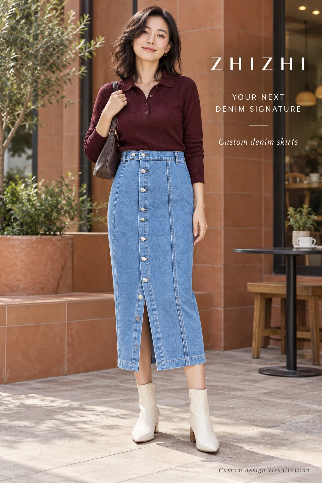 Custom Womens Medium Wash Button-Front Denim Pencil Midi Skirt