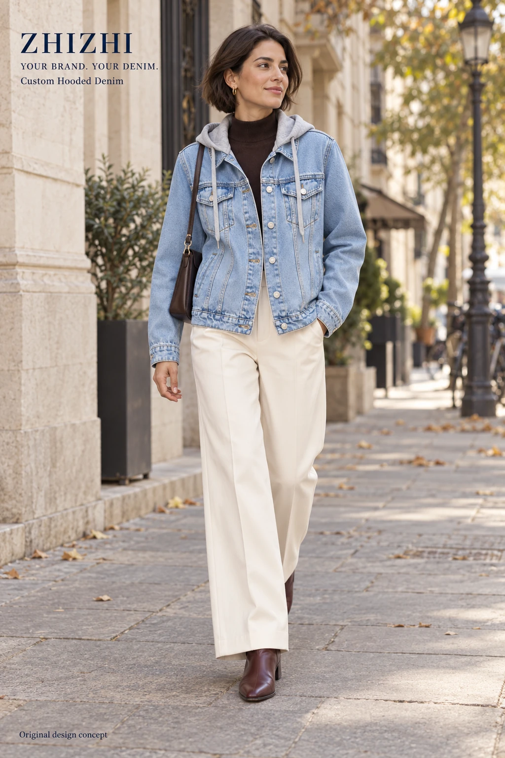 Custom Women's Light Blue Denim Jacket with Grey Hood